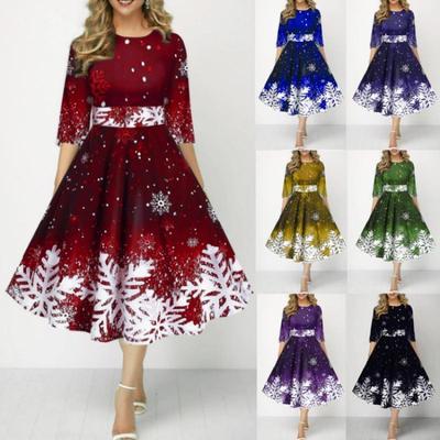 Weihnachtskleid für Damen in Übergröße, mit Schneeflocken-Aufdruck, Rundhalsausschnitt, 3/4-Ärmel, hohe Taille, lässiges Cocktailparty-Kleid in A-Linie, Swing-Midikleid