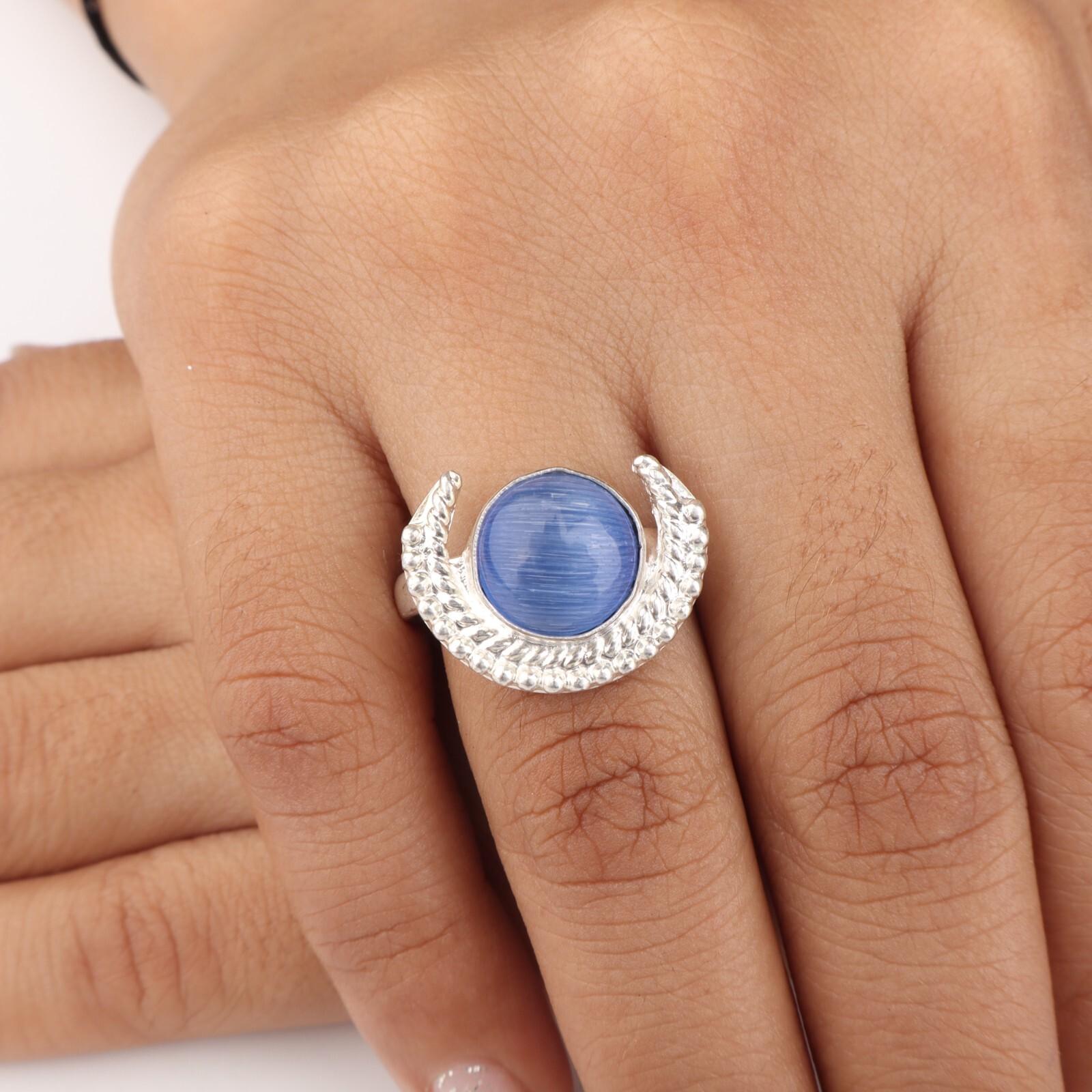 

Натуральный темно-синий камень «кошачий глаз», серебро 925 пробы, украшения ручной работы, кольцо RR-48-41 13