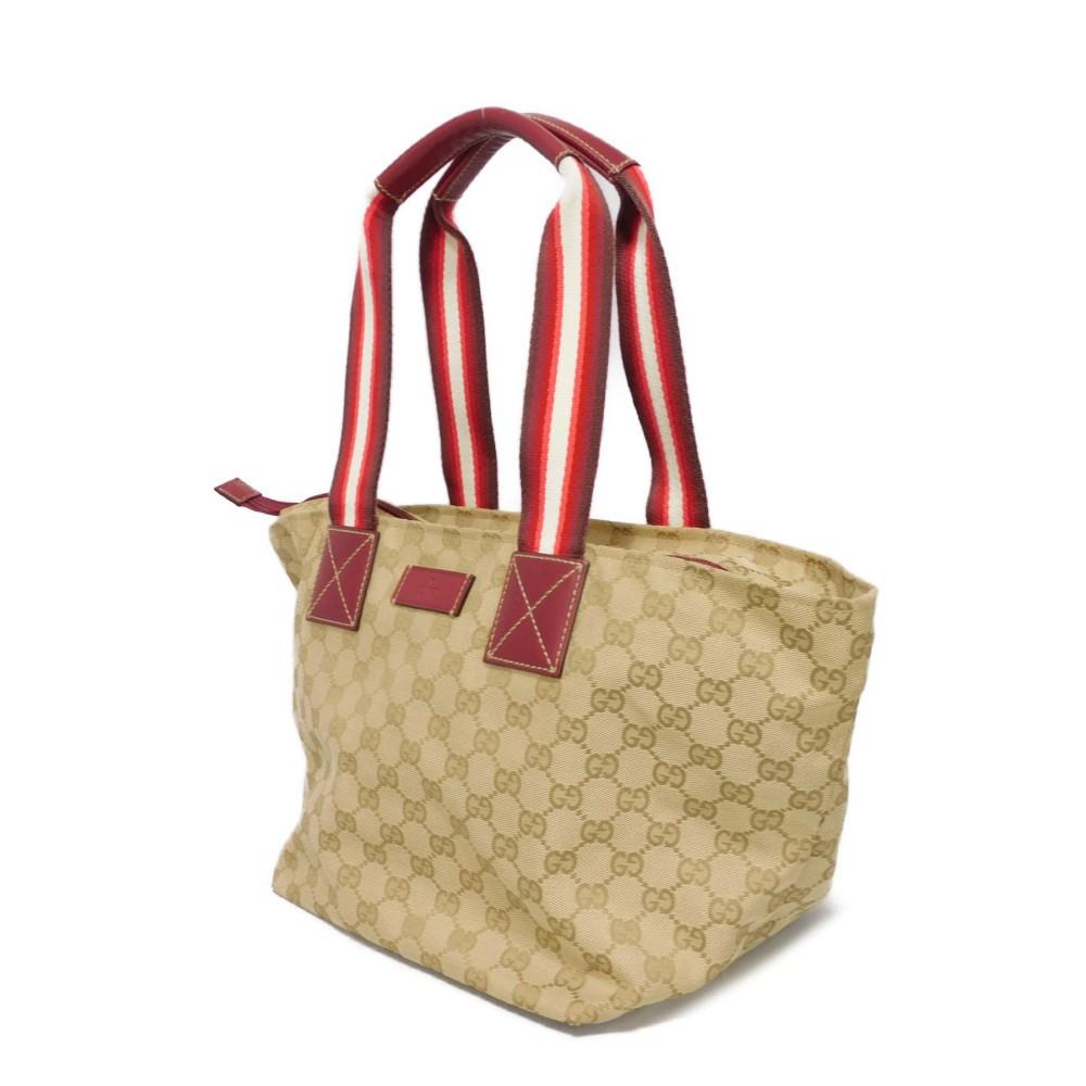 Used 9539 Web Stripe Tote 131230 7924 Logo Embossed Leather Patch Double G Red GG Canvas Beige Unisex from Japan