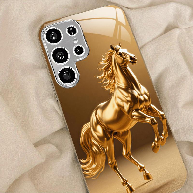 Goldenes galoppierendes Pferd Muster Glas Handyhülle für Galaxy S26 S25 S24 S23 S22 S21 S20 FE Ultra Plus 5G sturzsichere Rückabdeckung