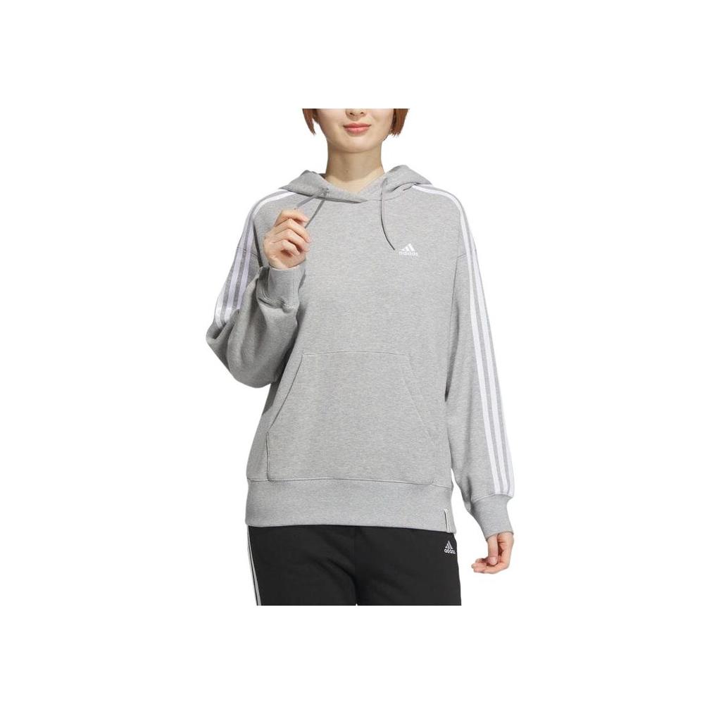 adidas College Style Striped Logo Embroidered Loose Fit Drop Shoulder Long Sleeve Drawstring Hoodie Women Hoodies Gray JF1407