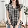 ZANZEA Women Casual V-Neck Ruffles Short Sleeve Plaid Print Blouse