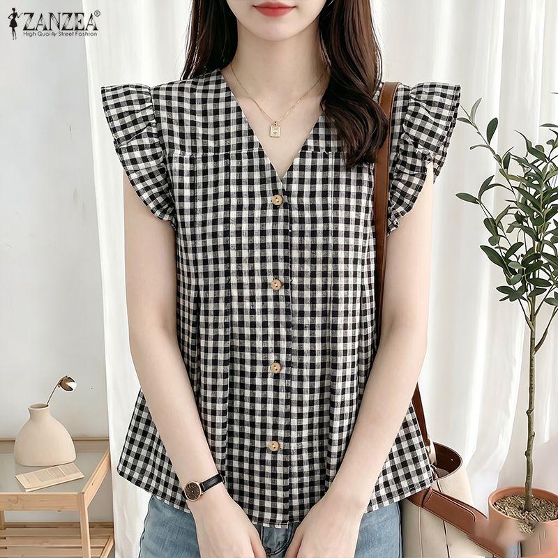 ZANZEA Women Casual V-Neck Ruffles Short Sleeve Plaid Print Blouse