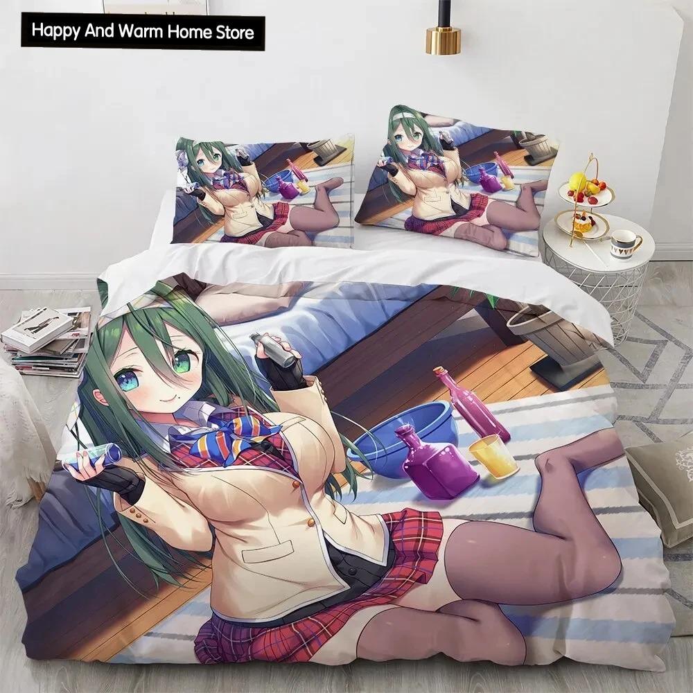 Set de lenjerie de pat pentru fete Kawaii Anime sexy, cuvertură de pilotă Set pat cuvertură husă de pilota pentru fată de pernă, King Queen Twin Size Băieți Fete Adulti