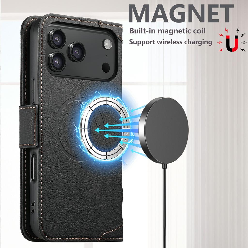 SUTENI J07 For iPhone 17 Pro Max Case Compatible with MagSafe Litchi Texture Leather Wallet Phone Cover