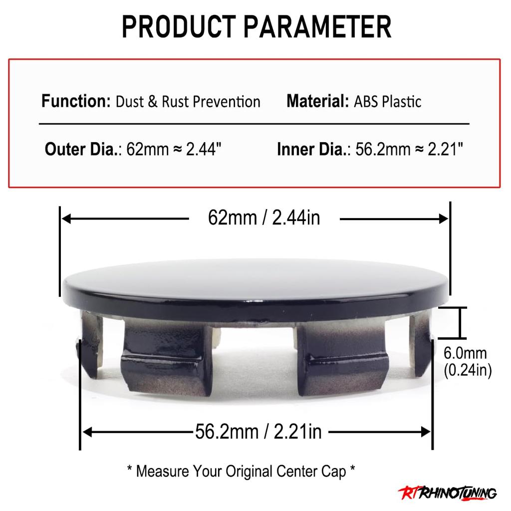 4pcs Wheel Center Caps, 62mm Outer Diameter, 56.2mm Inner Diameter, Highlight Black