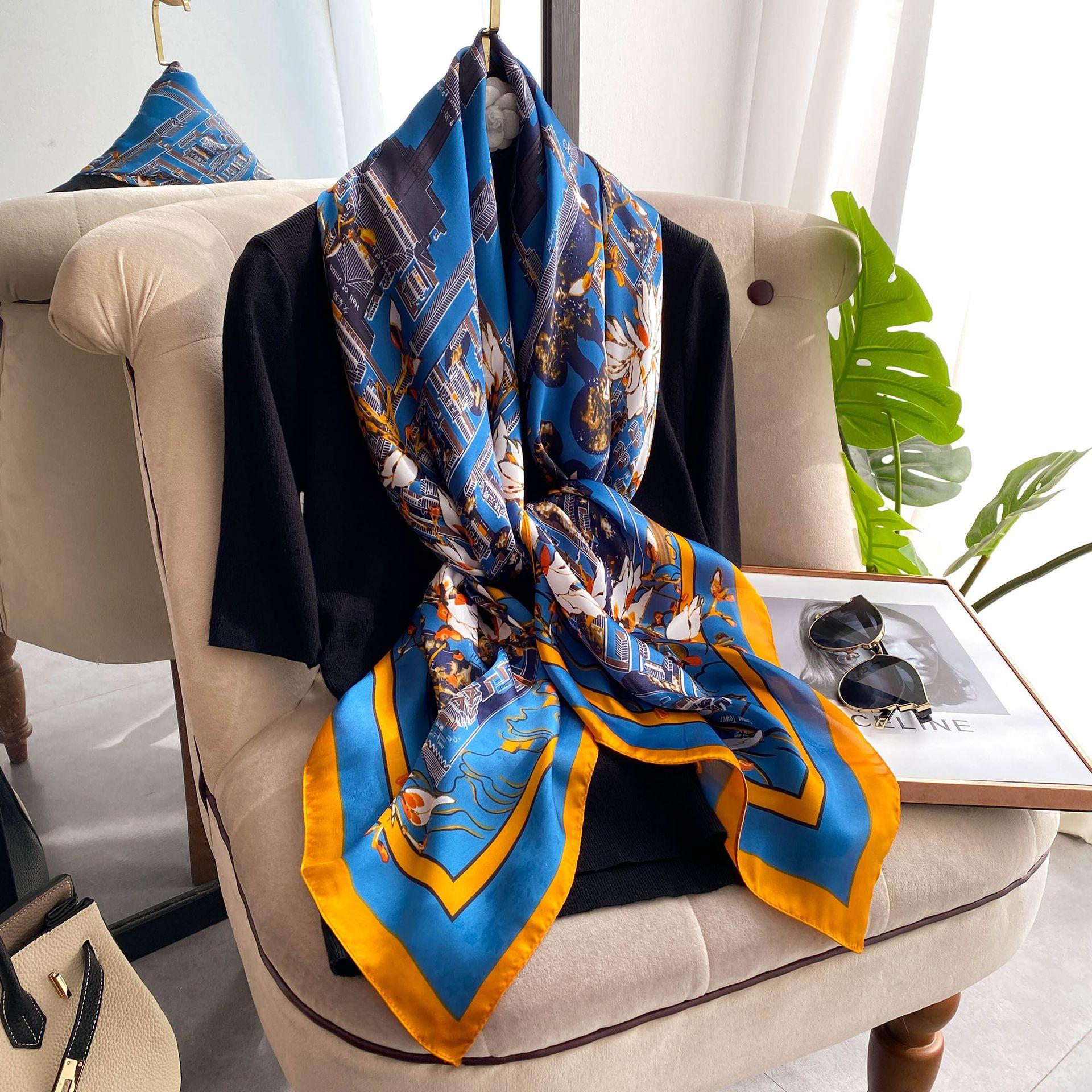 

Высококачественные роскошные шелковые шарфы, повязка на голову, шарфы, шейный шарф для женщин, шелковый шарф с цепочкой, женская декоративная шаль 110-110cm