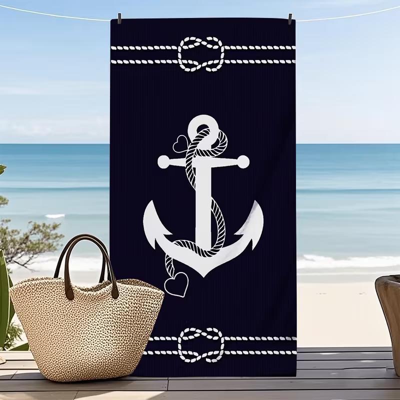 Serviette de Plage Rayée Ancre Marine Impression Lignes Géométriques Séchage Rapide Anti-Sable Absorbante pour l'Été Plage Voyage Vacances