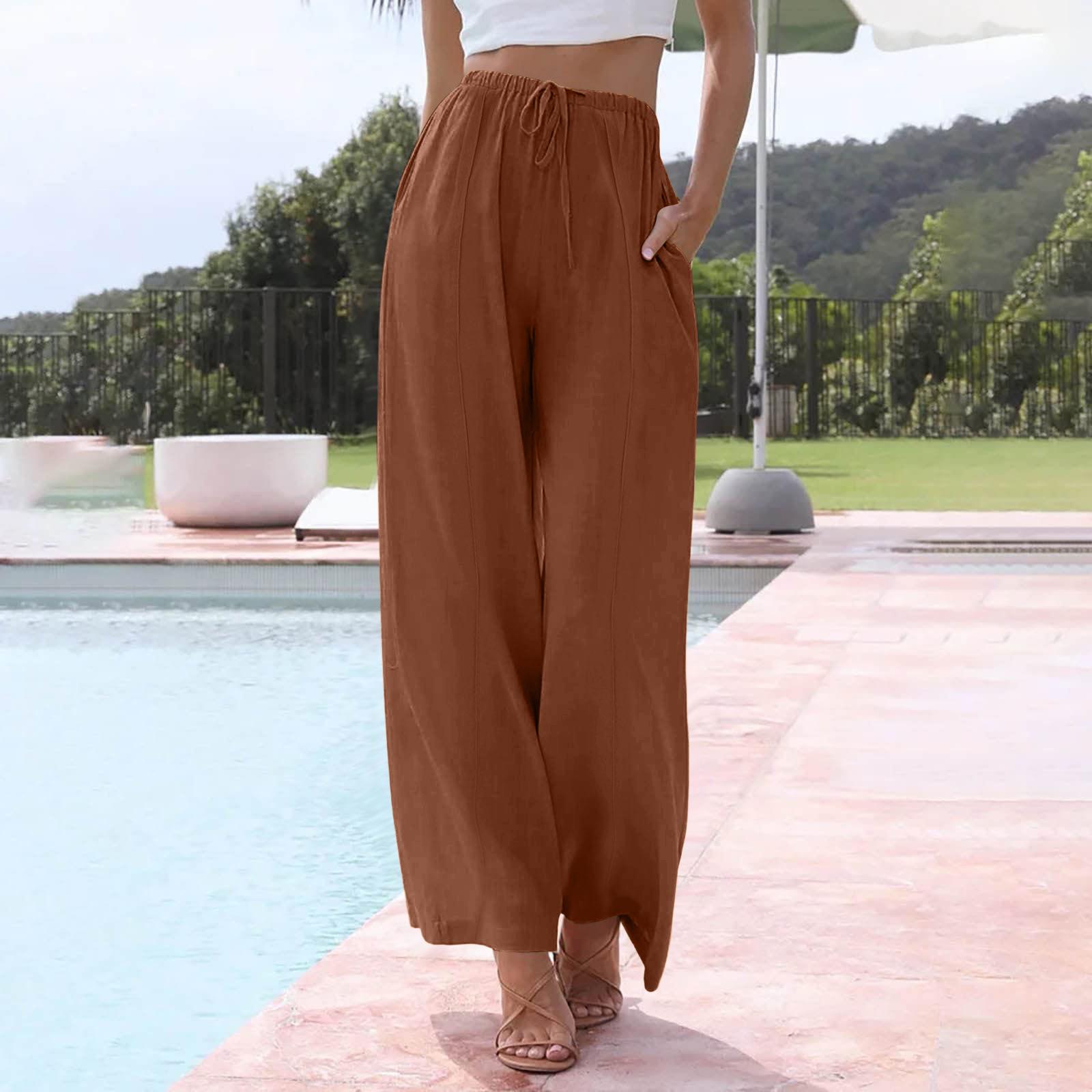 Women s Casual Relaxed Fit High-Waisted Belted Pocket Cotton-Linen Trousers S