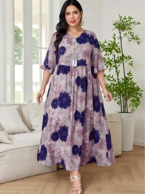 Plus Size Women's V-Neck Printed Long Dress - Hot Seller In the Middle East.