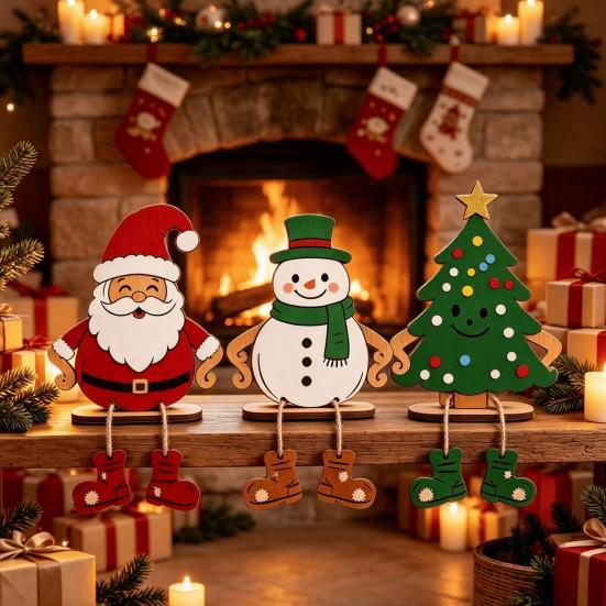 Cute Winter Window Ornaments 3Pcs 2D Wooden Christmas Hanging Ornaments, Cartoon Santa Snowman Tree Figurines Small Wood Holiday with Leg Design,