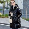 Parka d'hiver pour femme à capuche, mi-longue, sans lavage, en coton brillant, coupe ample et épaisse