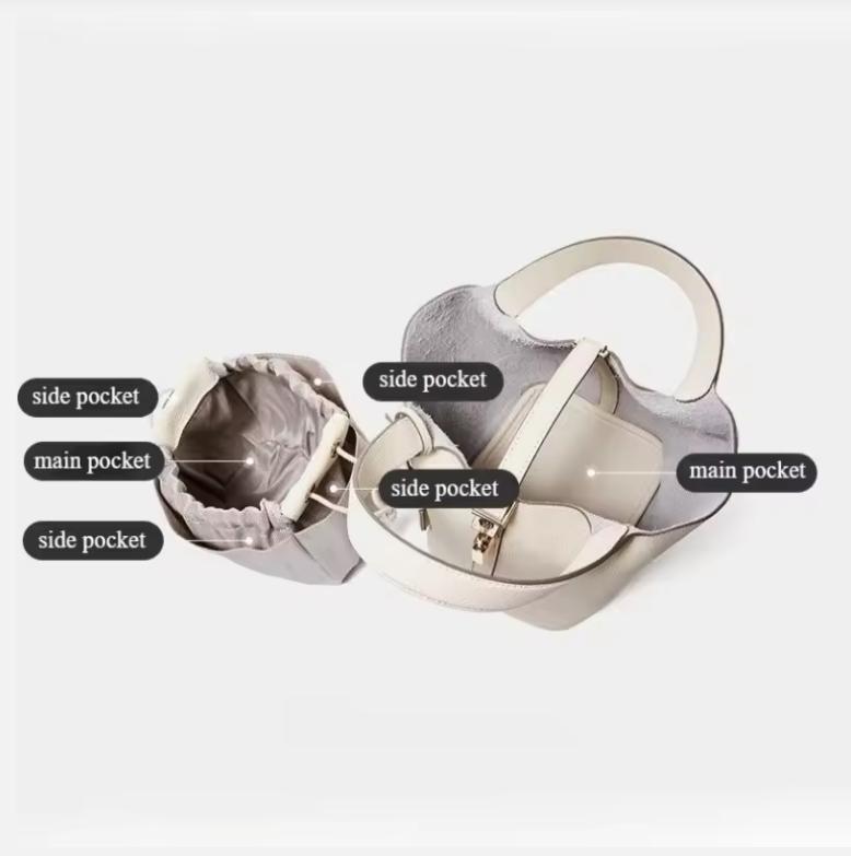 Genuine Leather Shoulder Bucket Bag Women Litchi Pattern Mini Basket Tote Soft Handbag Mommy Bride Wedding Bags with Lock