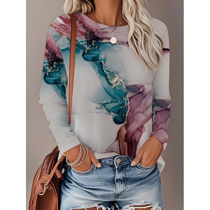 Womens Loose Fit Long Sleeve Round Neck T-Shirt With 3D Dinosaur Christmas Tree Print Milk Silk Fabric