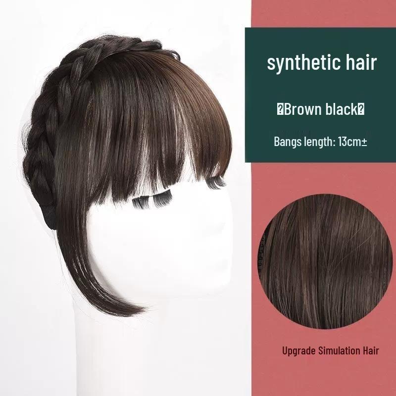 Women's Real Hair Wig with Braided Bangs, Seamless Front Hairline, Hairband To Conceal Top White Hair