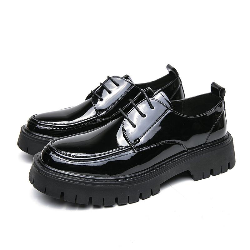 Men's Large Glossy Leather Lace-Up Loafers with Thick Sole and Chunky Heel