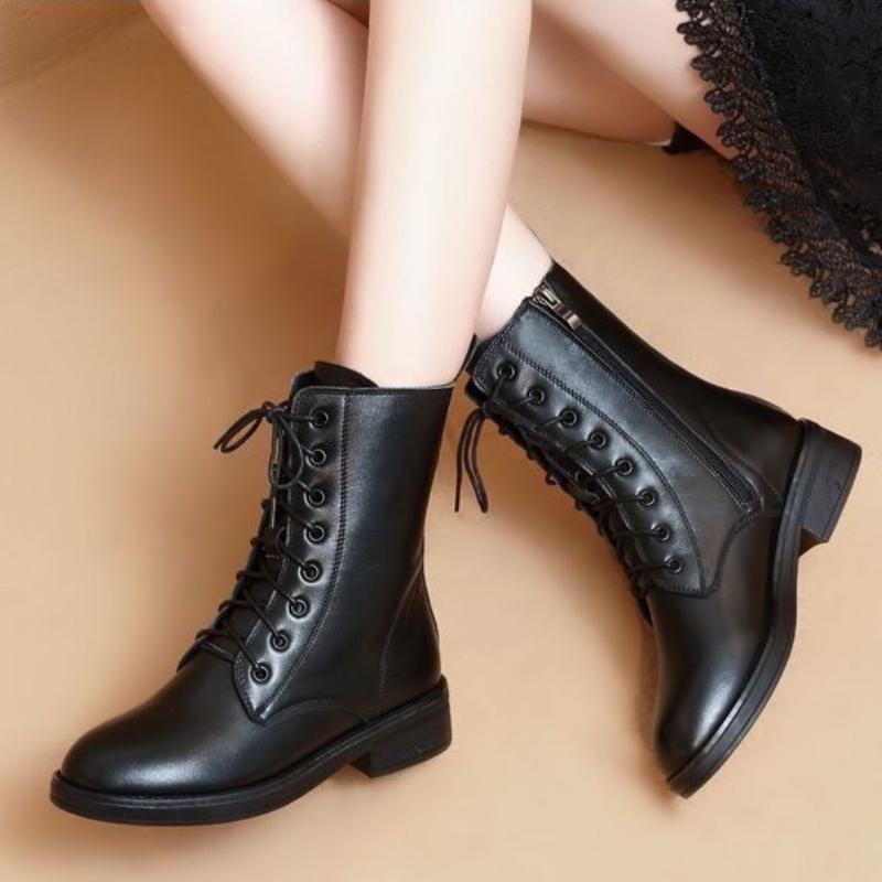 Black Elegant Middle Heel Lace-up Women's Half High Boots Autumn Winter Chic Comfortable Round Toe Warm Ladies Mid Calf Shoes