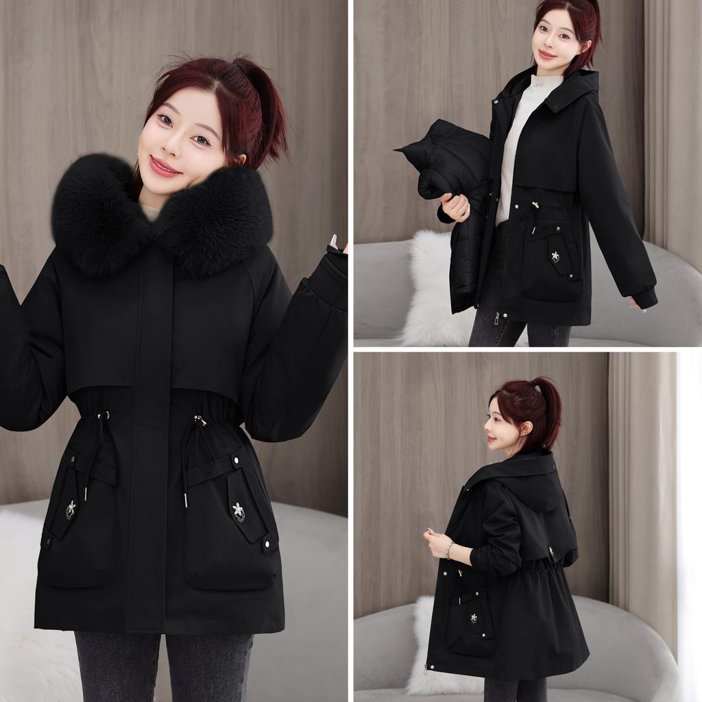 Three-Wear Pie Overcomes Detachable Parker Padded Jacket Women's Winter Big Fur Collar Medium and Long Loose Thickened Padded Jacket