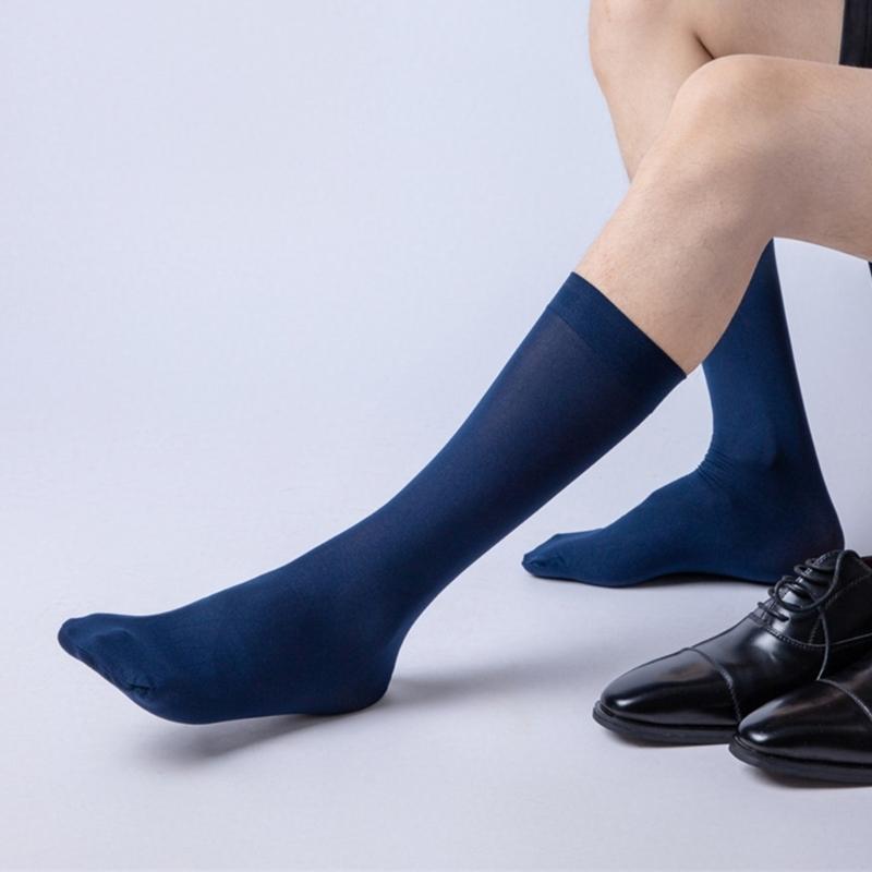 Mens Business Suit Soft Breathable Velvet Silk Dress Socks Solid Color Middle Calf Length Stockings for Formal Use