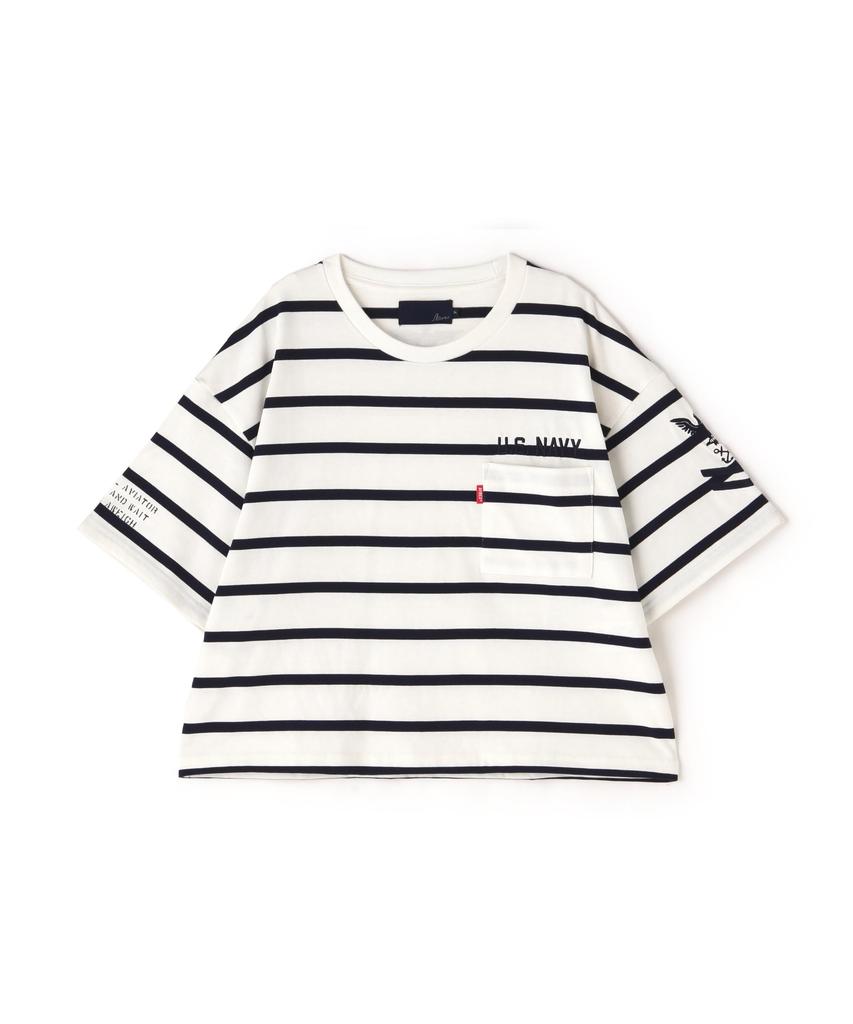 Avirex NAVAL POCKET SHORT Navy Size F Women's T-SHIRT, Striped, 122, 783-5935601