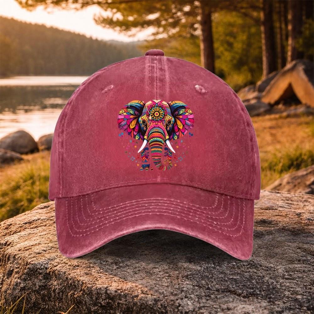 Mandala Elephant Graphic Washed Baseball Cap Adjustable Cotton Outdoor Casual Unisex Hat