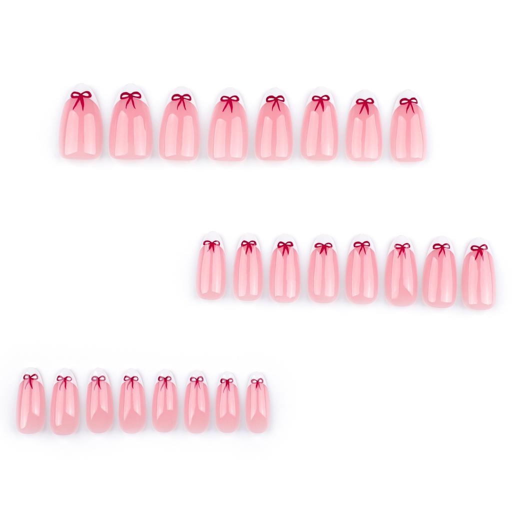 24 Pieces New Simple French White Edge Manicure Valentine's Day Wear Nail Red Bow Repeatable Nail Piece