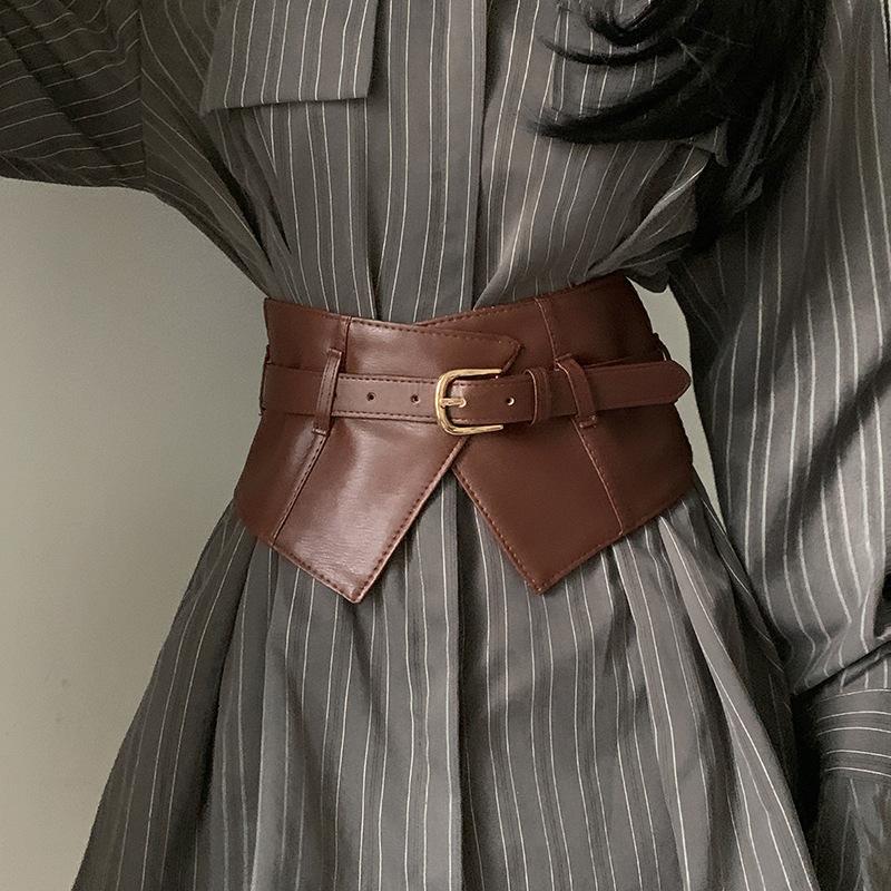 

Classic Pin Buckle Wide Belts Black Elastic PU Waistband Trendy Corset Waspie Belt Classic Dress Coat Girdle For Women Girls 88cm кавовий