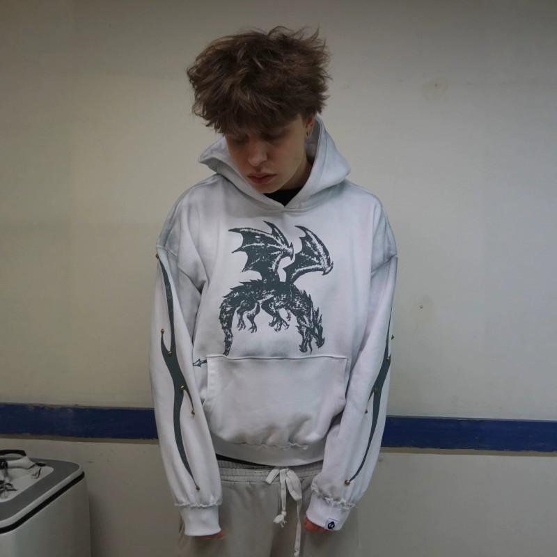 Y2K American Streetwear Distressed Dragon Rivet Hoodie Gothic Letter Vintage Sweatshirt