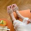 Sheepskin version~ French temperament rhinestone high-end sense with sandals women's summer wear versatile thick heel cool slippers