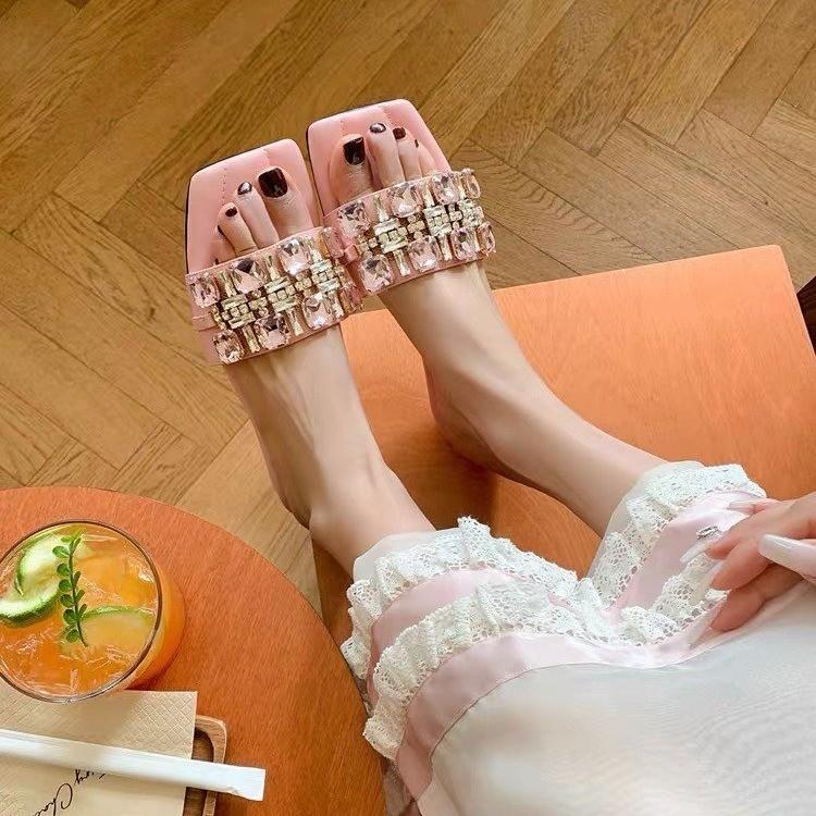 Sheepskin version~ French temperament rhinestone high-end sense with sandals women's summer wear versatile thick heel cool slippers