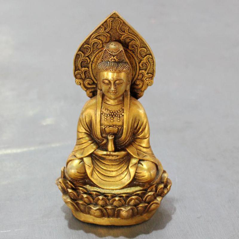 Bodhisattva Buddha Temple Ornament Guanyin Lotus Bronze Statue Brass Craft
