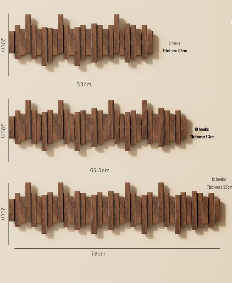 Solid Wood Coat Rack with Piano Key Hooks – Adhesive, No-Punch Design for Wall or Door