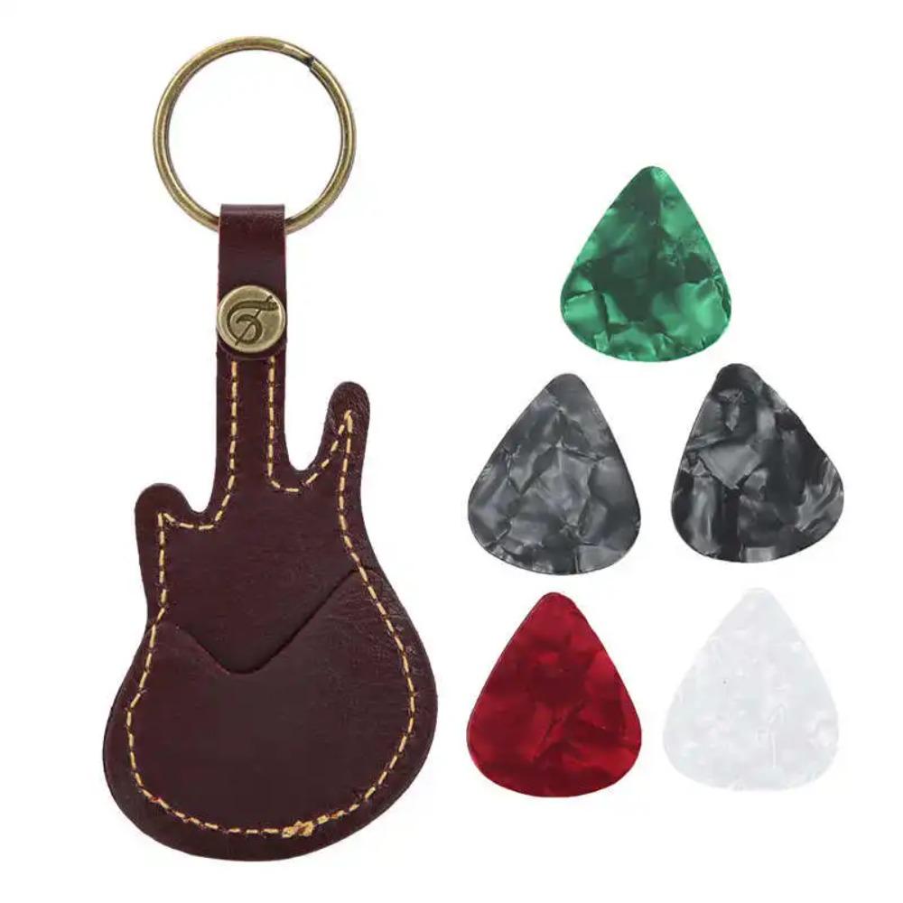 1Pc Leather Guitar Pick Bag Guitar Pick Holder Case Guitar Shape With Key Ring Celluloid Picks String Instrument Accessories