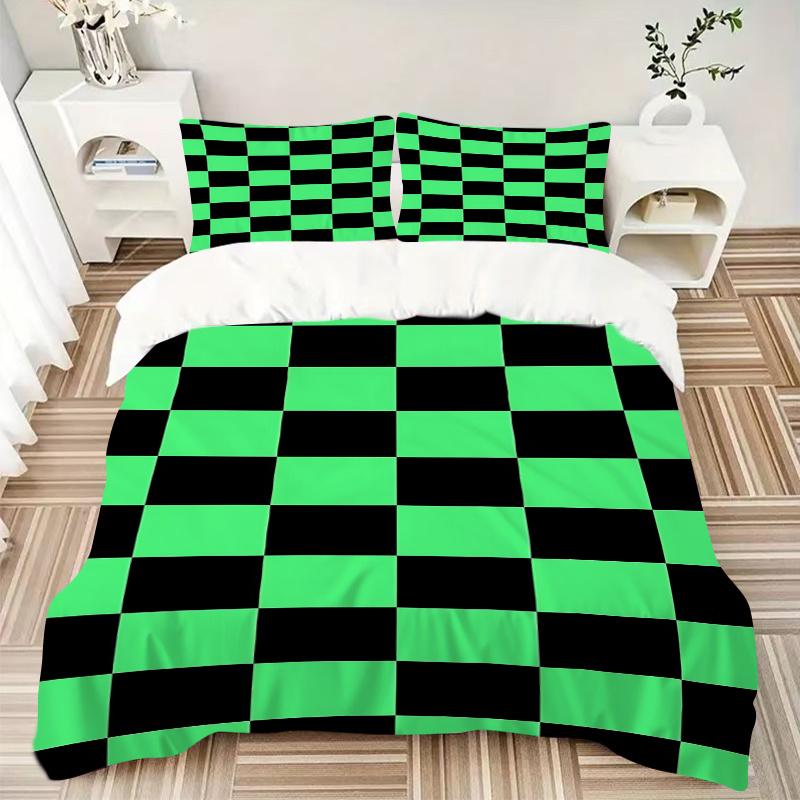 3-teiliges Bettwäsche-Set mit grün-schwarzem Karomuster für Zuhause - Universelles Dreiteiliges Set für Schlafzimmer, Gästezimmer, Wohnzimmer, Hoteldekorationen