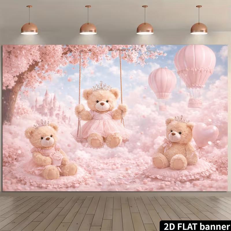 2D Pink Cherry Blossom Teddy Bear Backdrop, Dreamy Castle & Hot Air Balloon Background for Party