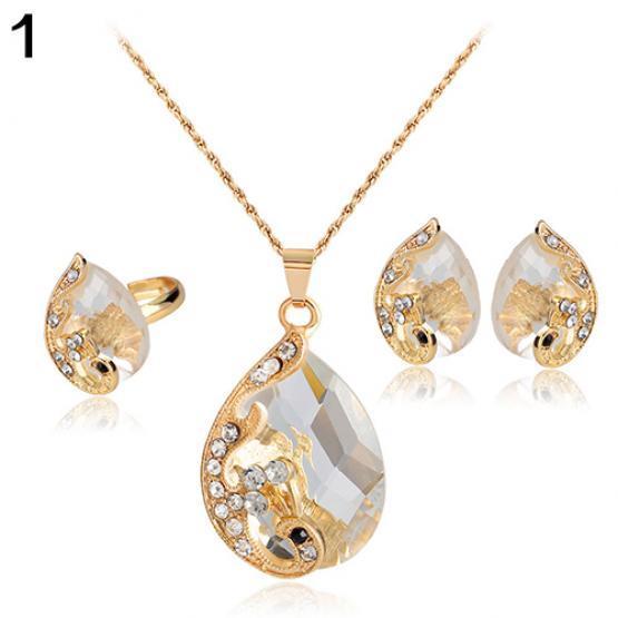 Women's Rhinestone Pendant Necklace Earrings Ring Party Wedding Jewelry Set AVE