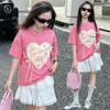 Girls' 2025 Korean Style Summer Bow Print T-shirt & Lace Trim Skirt Set