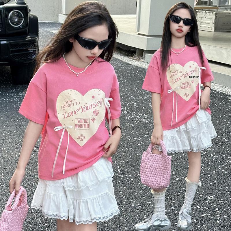 

Girls 2025 Korean Style Summer Bow Print T-shirt & Lace Trim Skirt Set 140cm