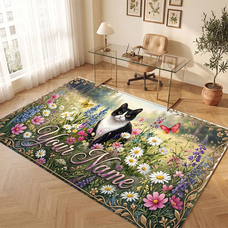 Cat Theme Crystal Velvet Floor Rug Personalized Custom Name Text Warm Carpet Home Decoration