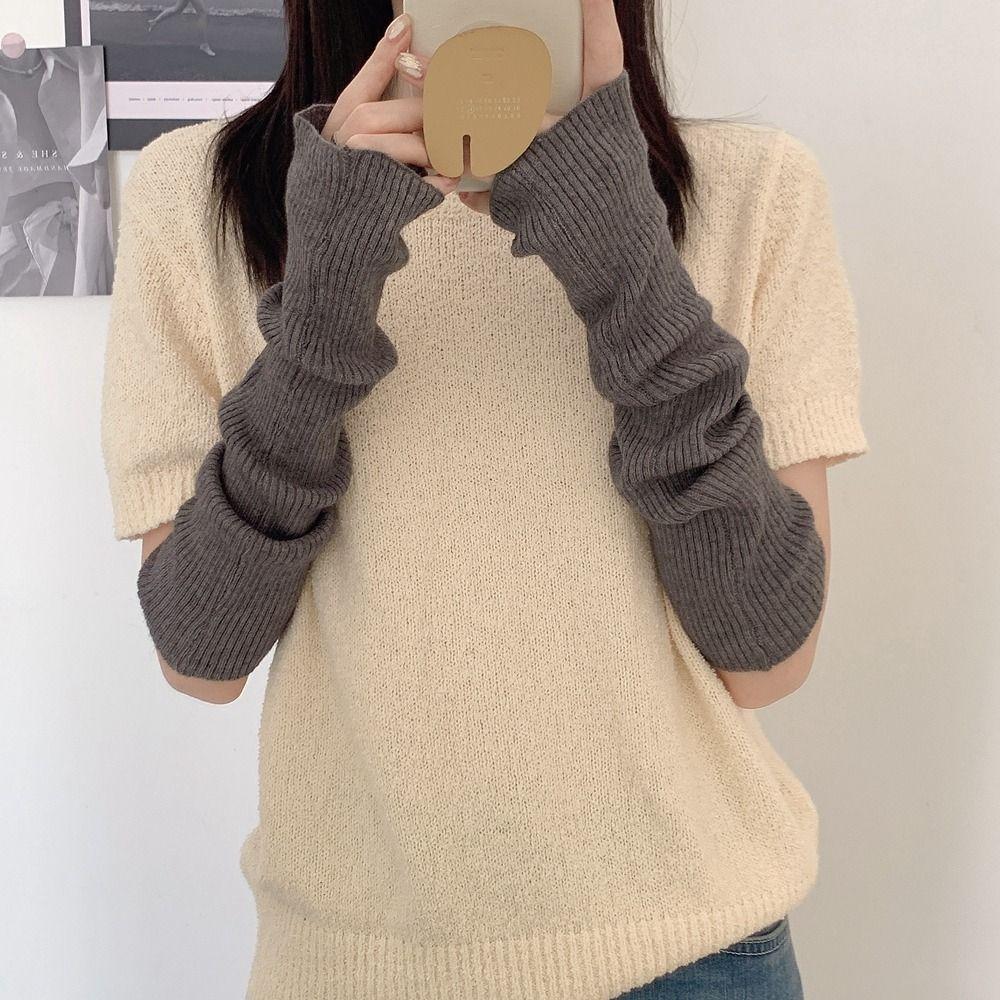 Warm Half Finger Solid Color Female Arm Warmers Long Gloves Wool Sleeve Cuff Knitted Arm Warmers