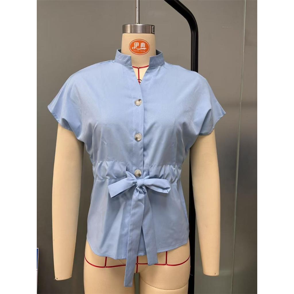 Camicie estive da donna Manica corta Chiffon Scollo a V Bottoni Elegante Cintura Camicia