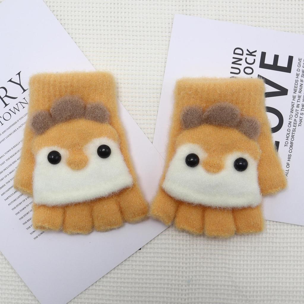 Kids' Warm Knitted Wool Half-Finger Flip-Top Gloves – Cute Chick Design for Writing in Winter