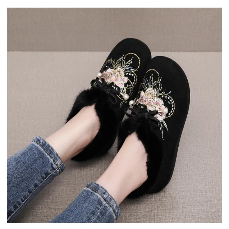 Womens Embroidered Fleece Lined Warm Ethnic Style Casual Flat Cloth Shoes