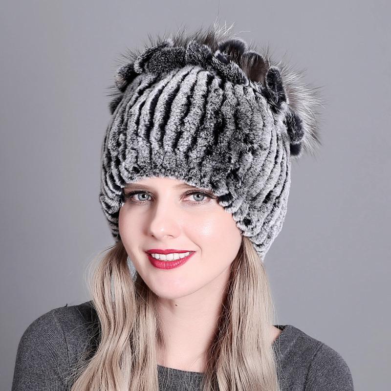Colorful Rex Rabbit Fur Knitted Women's Warm Winter Hat