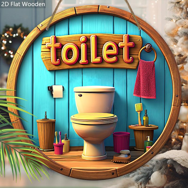 Toilet Wooden Sign with Closestool Pattern - Round Sign for Toilet Door Hanging Decor - Ideal Bathroom Hanging Ornament