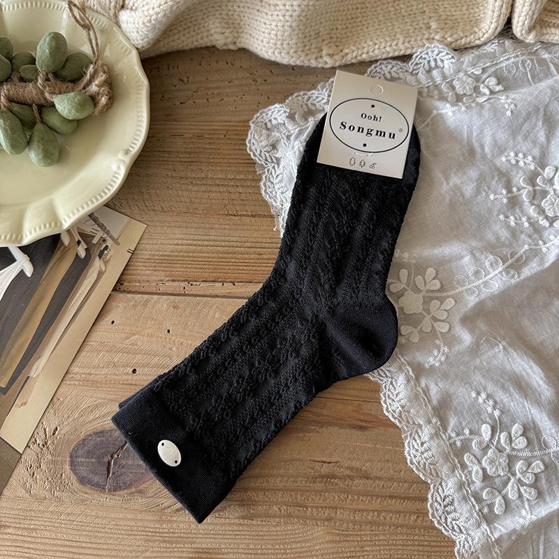 

Songmu Snowflake Fritillary Buckle Australian Cotton Loose Tube Socks Korean Atmosphere Wear Retro Stacking Socks Women One size fits all чорний