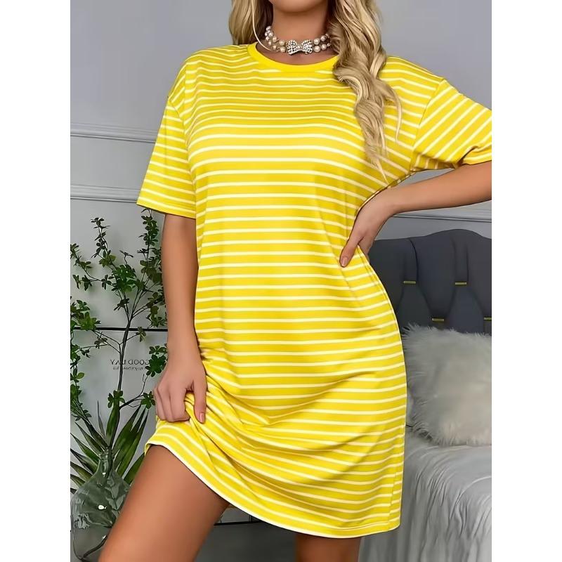 Ladies 3D Colorful Stripe Print Mini Dress Summer Casual Round Neck Short Sleeve Women's Clothing Fashionable Casual Dress