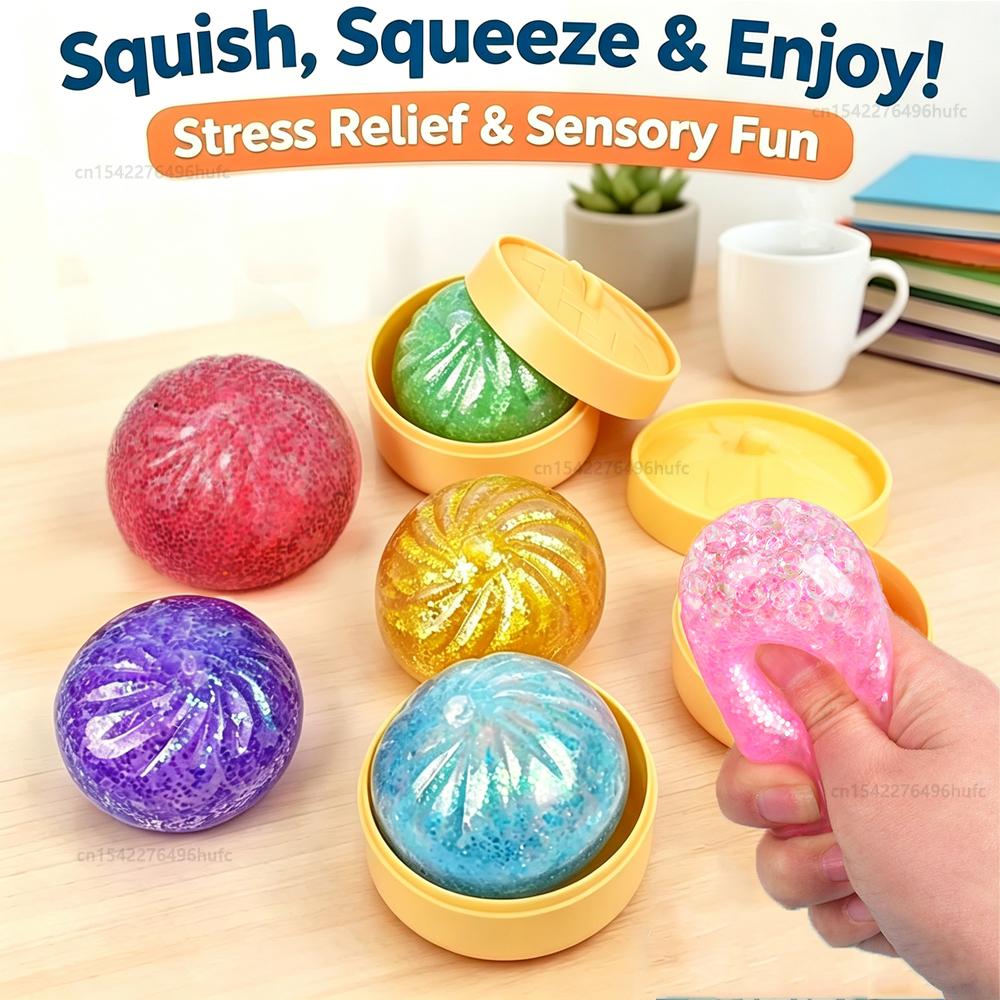 Topmix Mini Glitter Steamed Bun Squishy Toy Baozi Squeeze Toy With Steamer Box Colorful Squishy Dumpling Fidget Toy For Autism Adhd