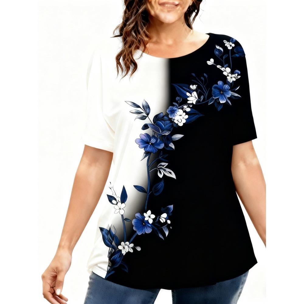 Tricouri de damă mărime mare XL-7XL Tricou de damă cu gât rotund, la modă, cu patchwork floral și imprimeu colorat, cu mânecă scurtă