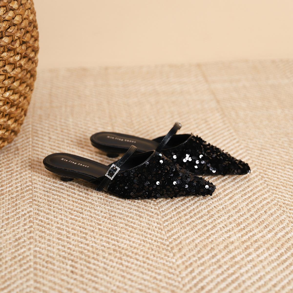 

139-9 Xiaoxiangfeng остроносые серебристые туфли-лодочки с пайетками на плоской подошве, новые удобные профессиональные туфли с низким задником 35 чёрный